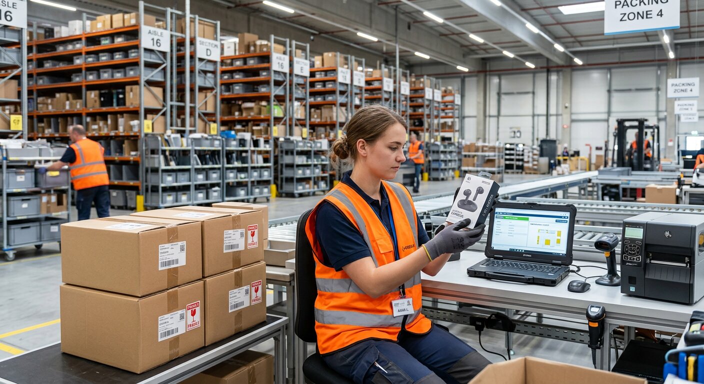 A medium shot of a logistics worker at a workstation in a modern European fulfillment center, carefully inspecting a retail product unit next to a stack of brown shipping boxes