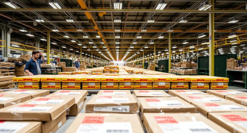 Multiple labeled parcels with DHL and DPD shipping labels organized on a long sorting table in a busy outbound dispatch zone with overhead industrial LED lighting