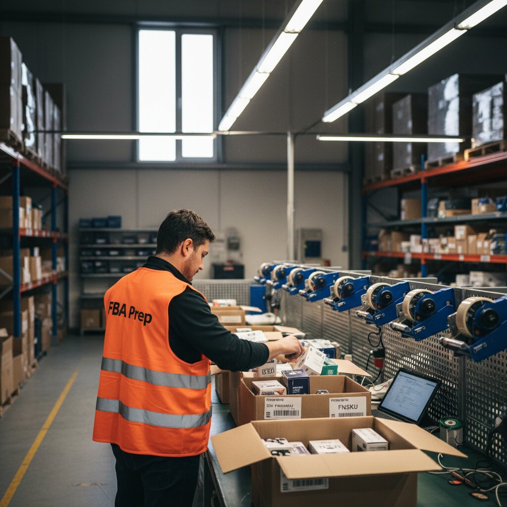 A worker in an orange hi vis vest branded FBA Prep. organizing different FNSKU labeled products into separate cartons to match a multi FC inbound plan