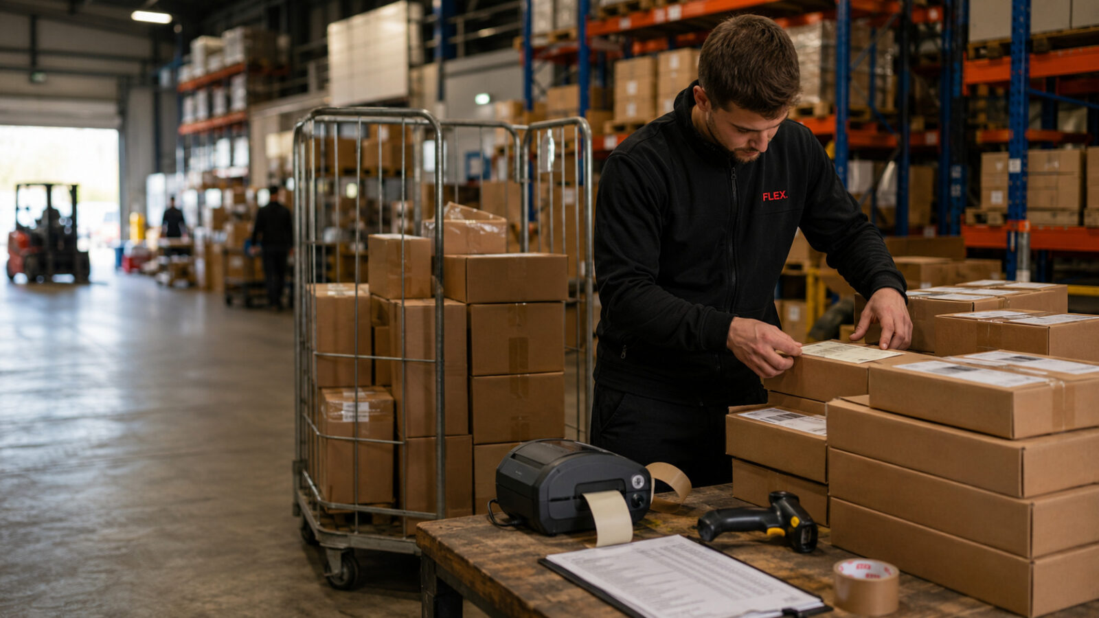 A warehouse worker applies labels to finished marketplace parcels on a dispatch table beside a trolley of sorted cartons.
