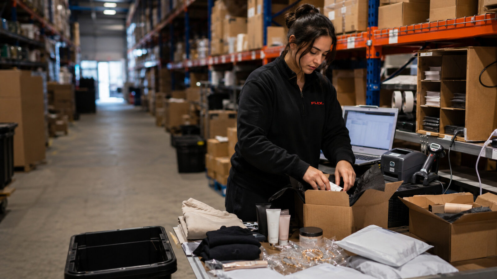 A warehouse operator packs small social commerce orders with beauty tubes, accessories, mailers, tissue paper, a scanner, and a label printer at a fulfillment station.