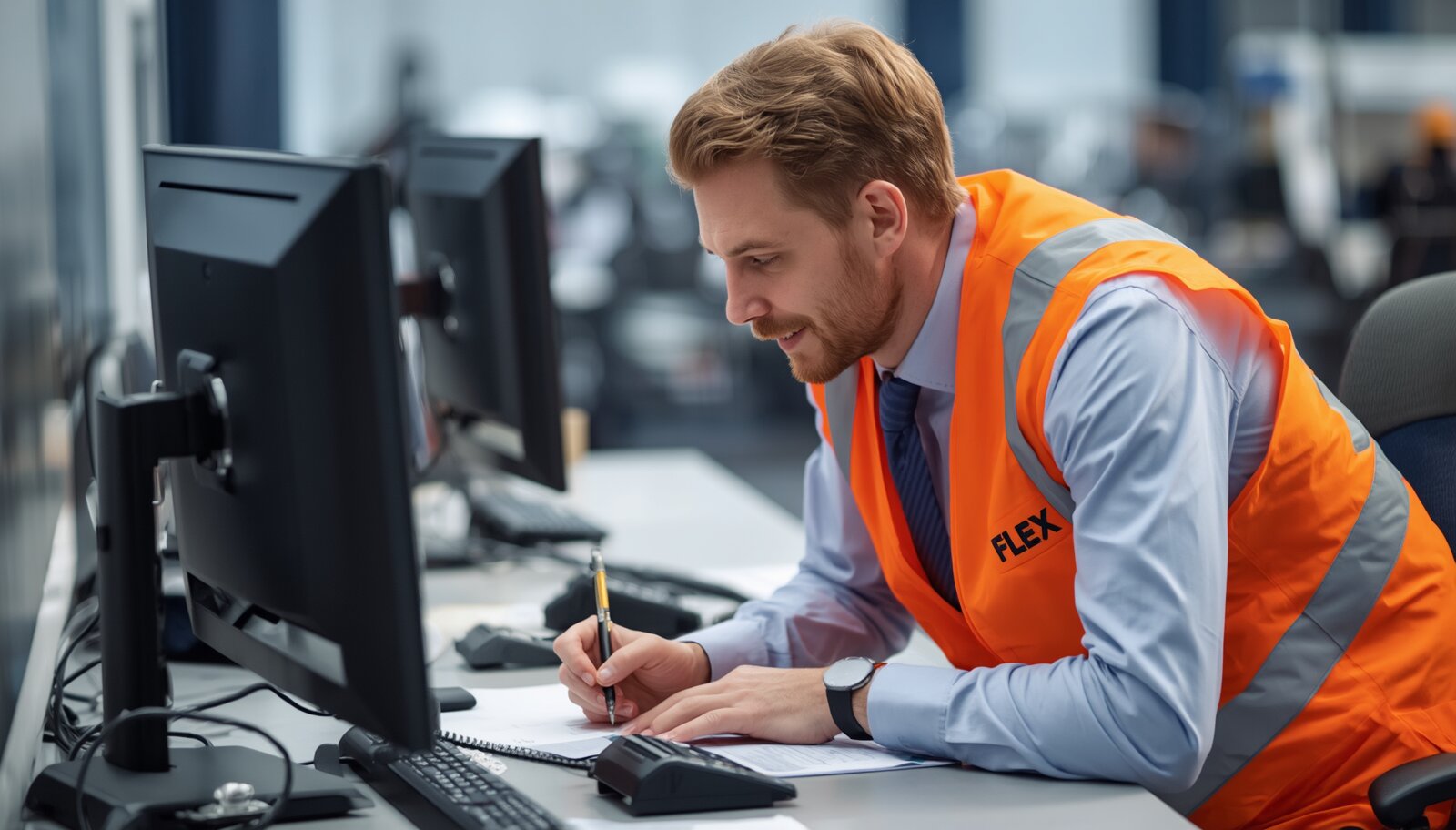 A worker in an orange hi vis vest branded FLEX leans over a desk phone