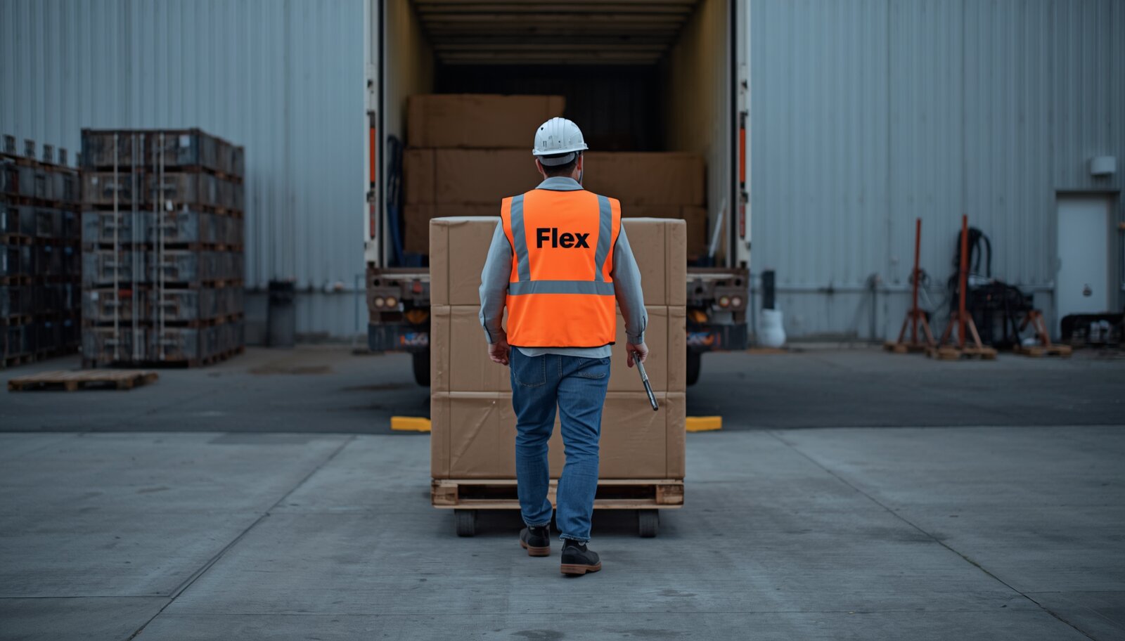 A worker in an orange vest branded FLEX wheels an empty pallet back toward the loading area after finishing an early delivery