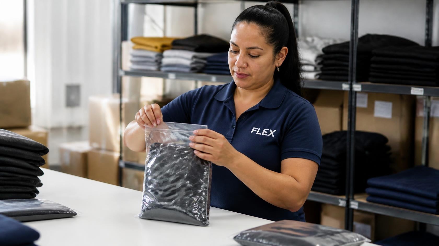 Apparel prep technician in a navy blue polo shirt testing poly bag seal integrity on folded leggings at a crisp white workstation.