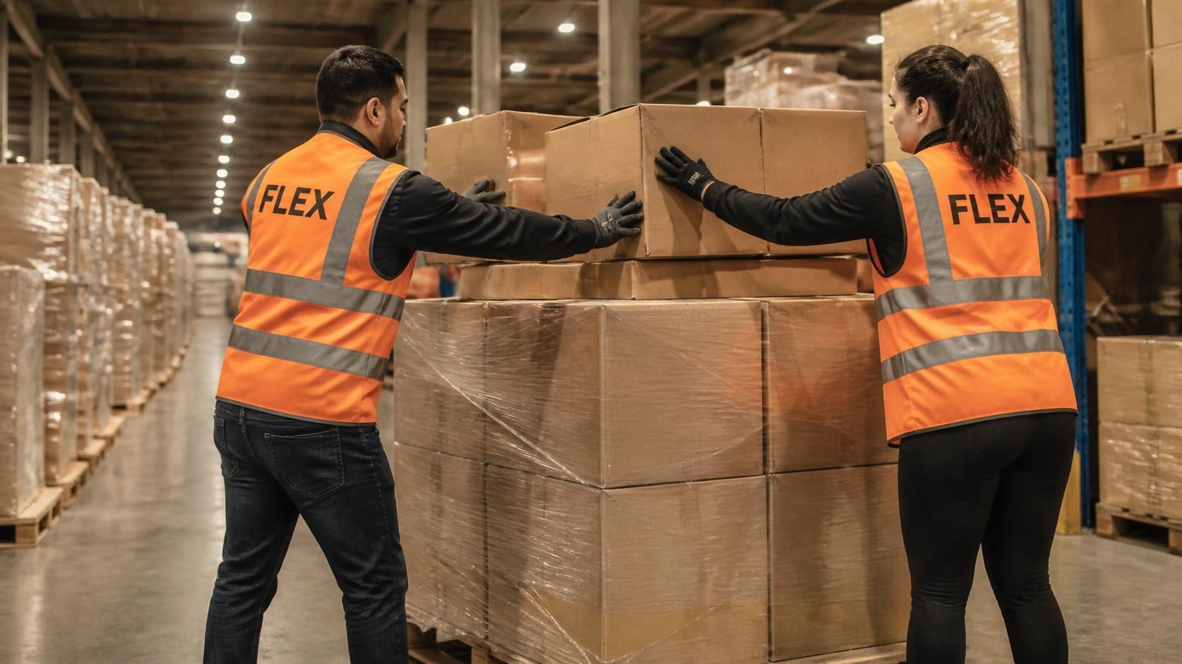 Two warehouse staff working together to restack loose freight into a stable, uniform pallet layout under warm overhead LED lighting.